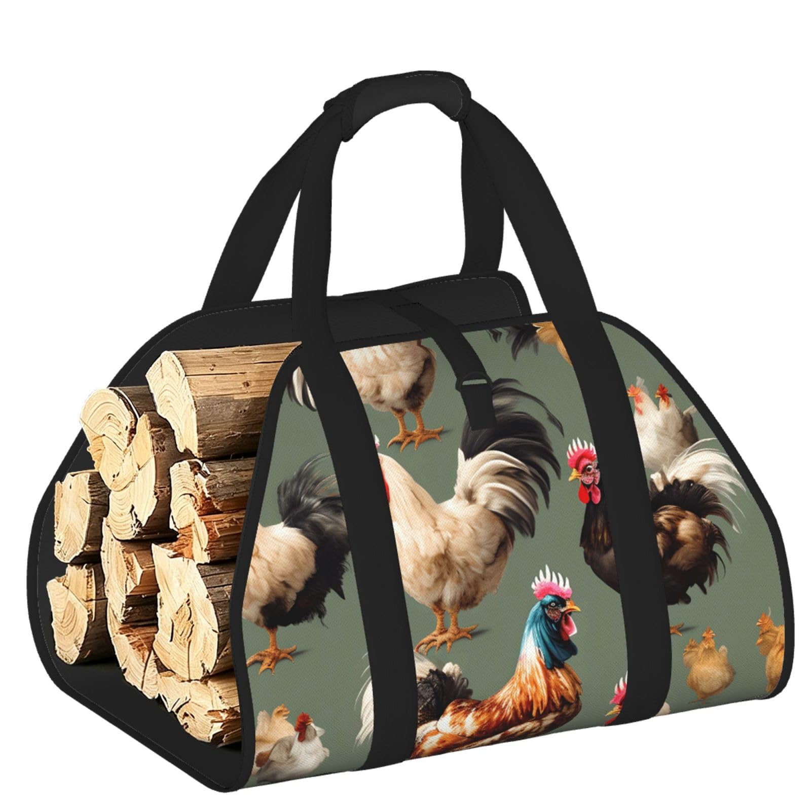 Chicken And Rooster Print Printed Firewood Carrier Bag, Log Tote with Open-Ended Design for Camping Outdoor Wood Hauling