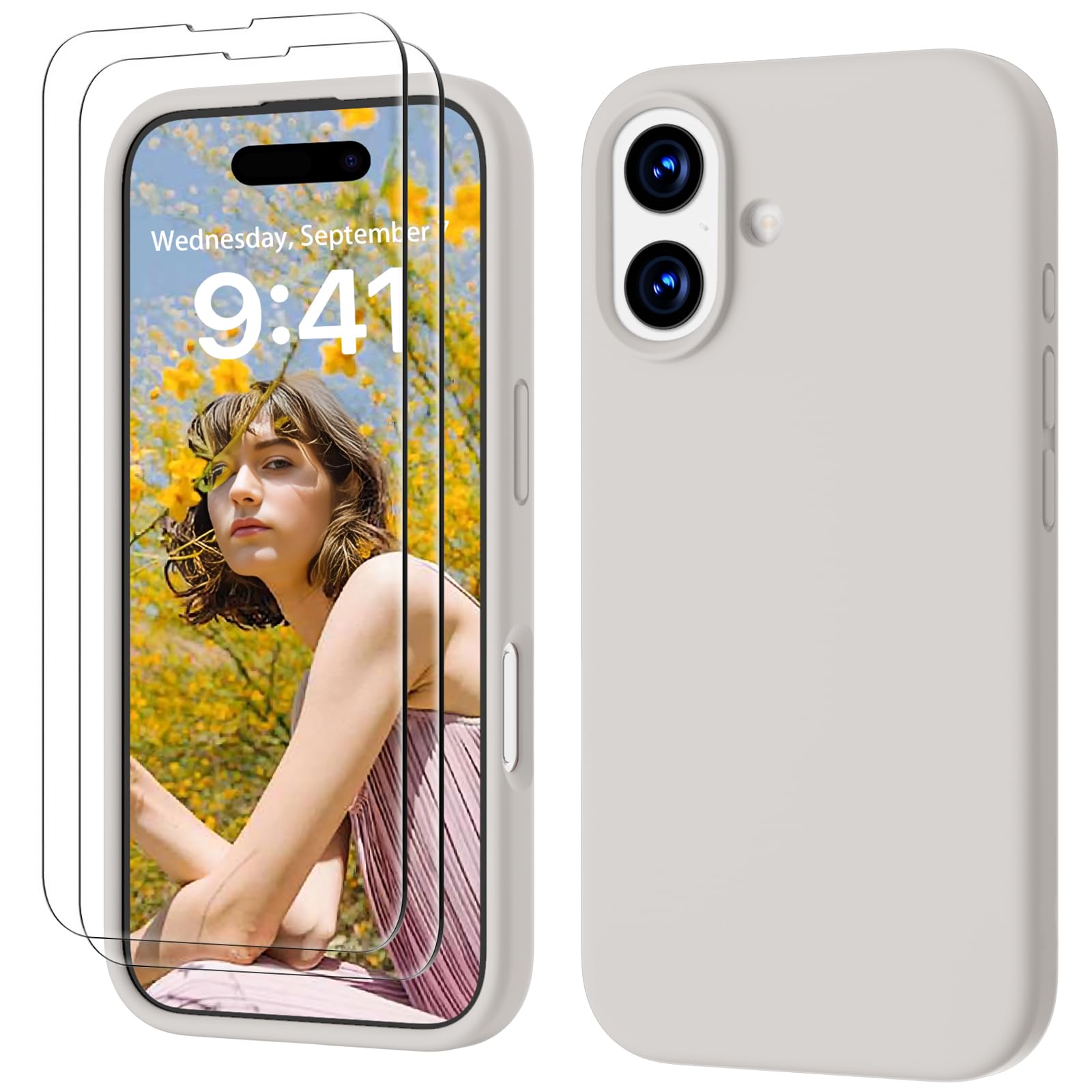 GOODVISH 3 in 1 Silicone Cover per iPhone 17 6.3", Custodia con 2 Pellicola Vetro Temperato [Protezione Fotocamera] 360° Protezione Anticaduta Case per Cellulare Antiurto Resistente, Grigio Pietra