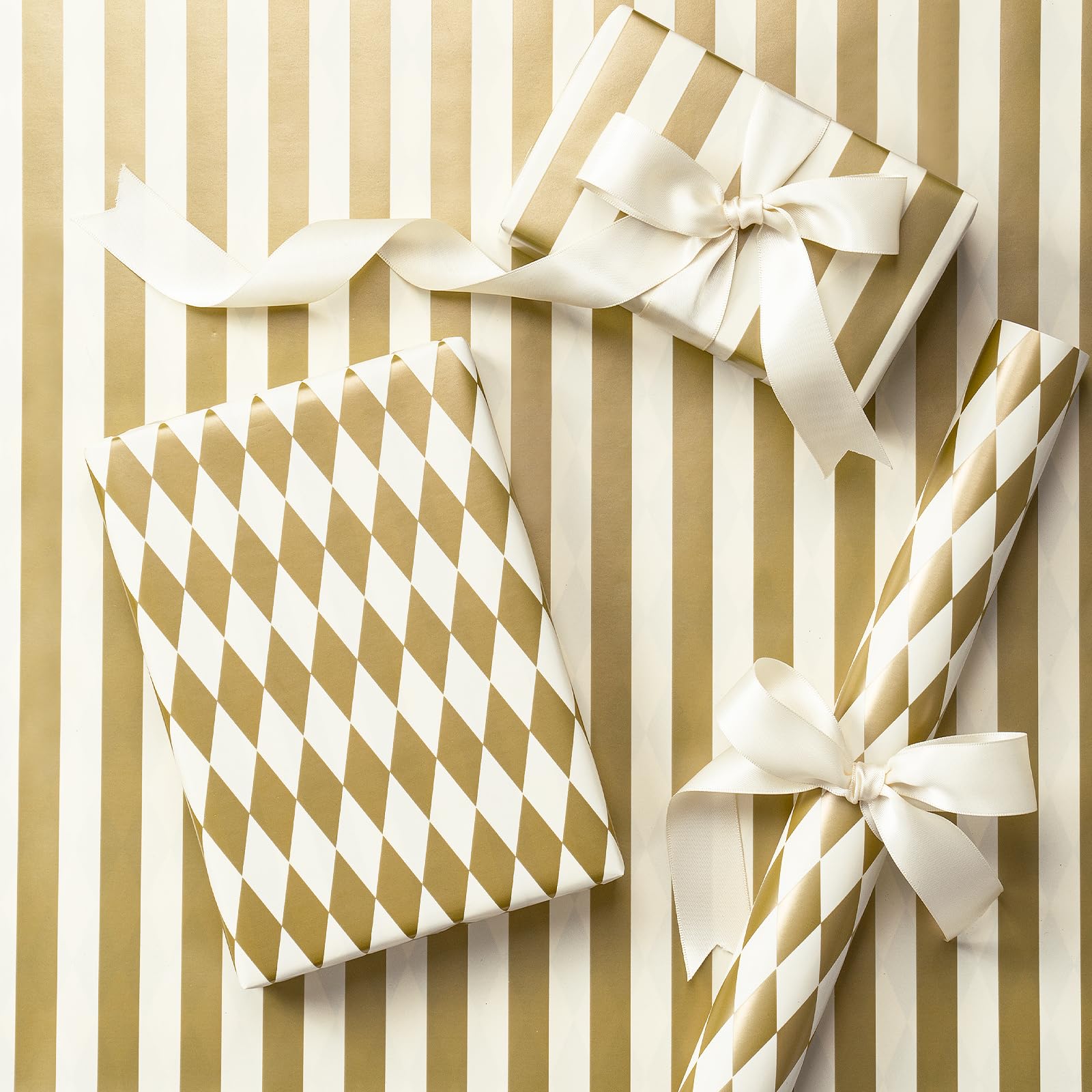 RUSPEPA Reversible Wrapping Paper Roll, Mini Roll, Off White and Gold Foil Stripes and Diamond Pattern, Elegant Gift Wrap for Wedding, Anniversary, Graduation, Bridal Shower, 43.2cm x 5m — image 1