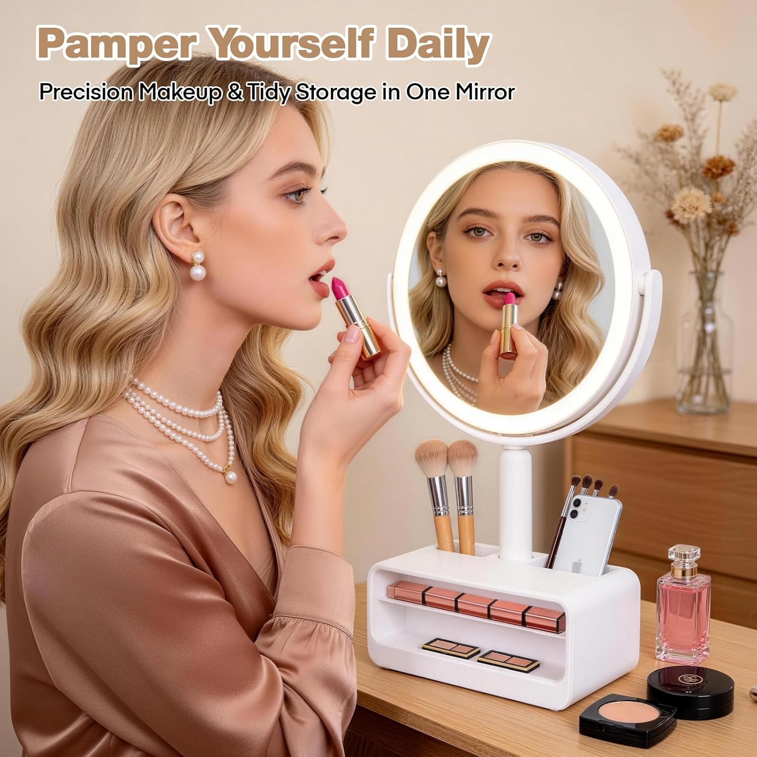 Makeup Mirror with Lights-1x/20x 360° Rotation Vanity Mirror with 3 Color Temperatures & Dimmable LED Lights, Rechargeable Desktop Mirror with Brush Holder & Cosmetics Organizer-Gift for Her
