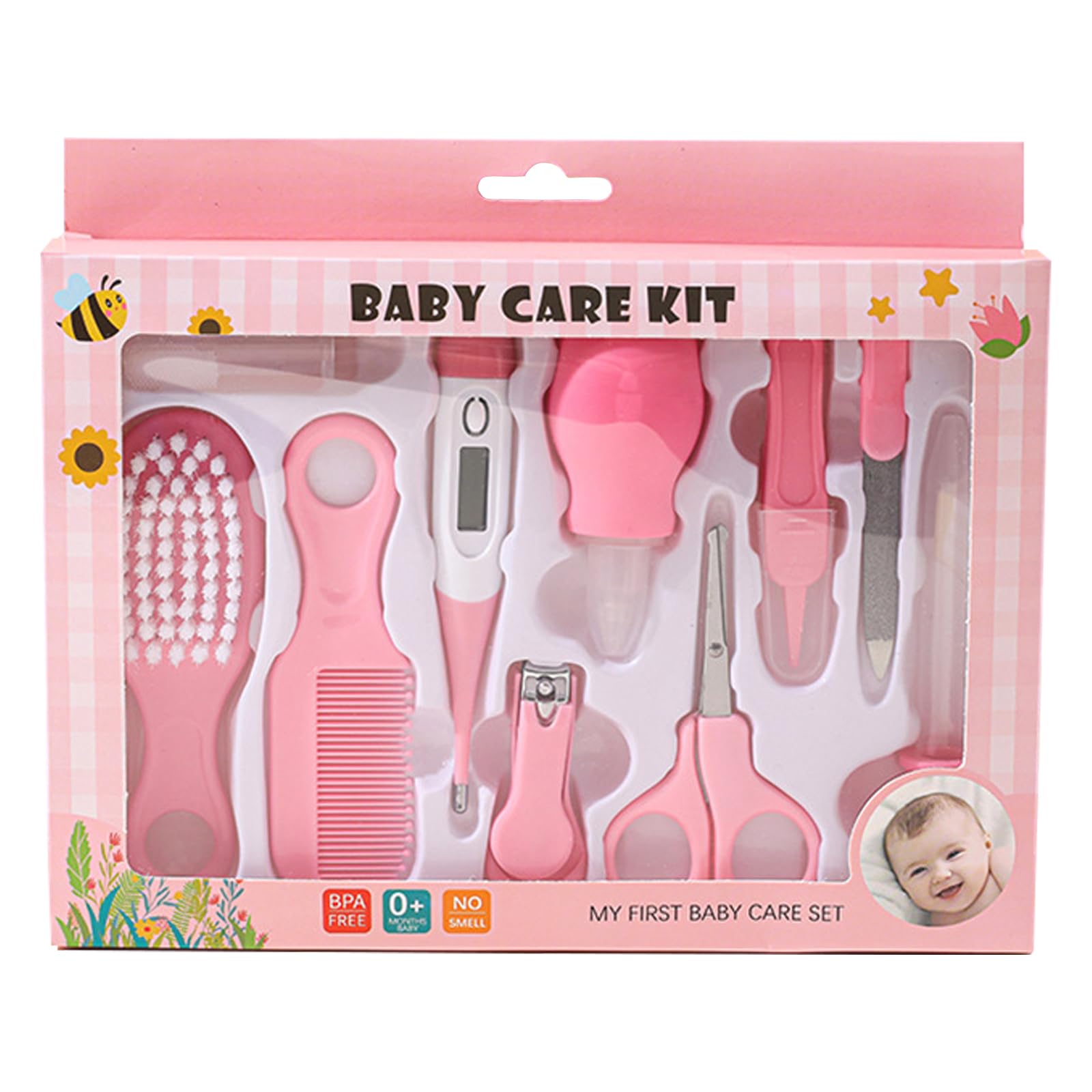 Liemuao Trousse de Soin Bébé Naissance 10 Pièces, Kit Toilettage Bébé avec Thermomètre Digital, Brosse, Peigne, Lime, Mouche Bébé, Rose