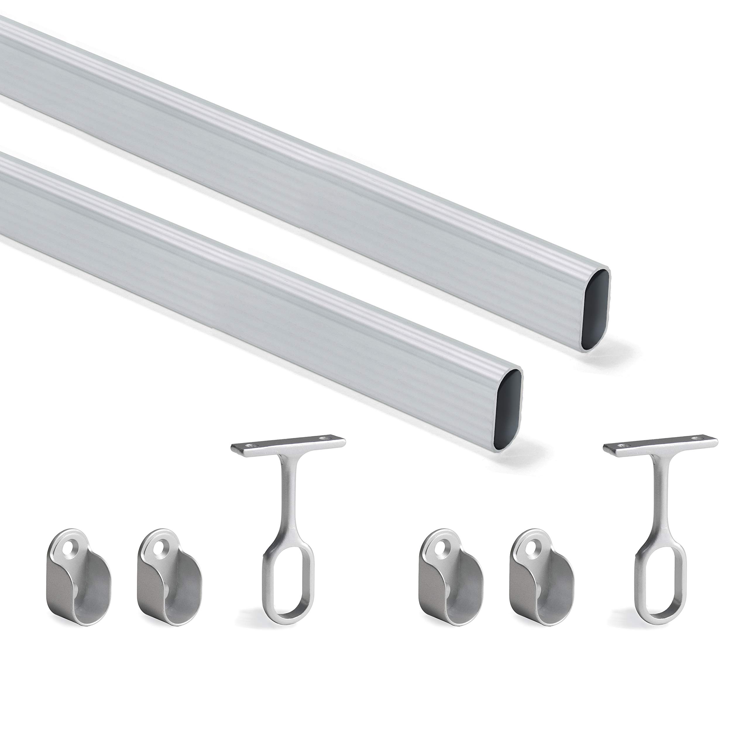 Emuca Matt Anodized - Set Of 1150Mm (45,3 Inch) Wardrobe Oval Rail With Supports, Pack Of 2