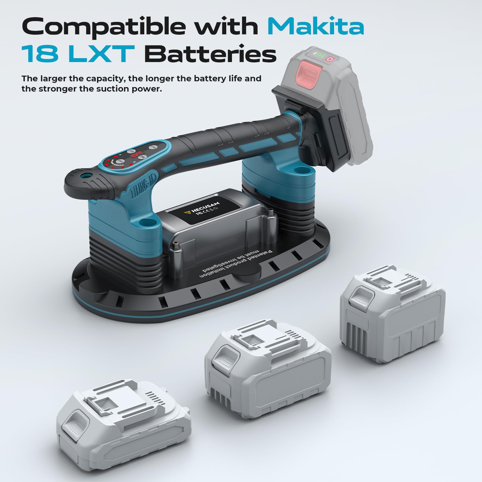 Akku Saugheber Kompatibel mit Makita-Akkus, Tragkraft Max 500KG, 28.5cm Fliesenrüttler mit 9 Einstellstufen & LCD-Anzeige, für Fliesen/Glas/Marmor/Terrassenplatten(Ohne Batterie)