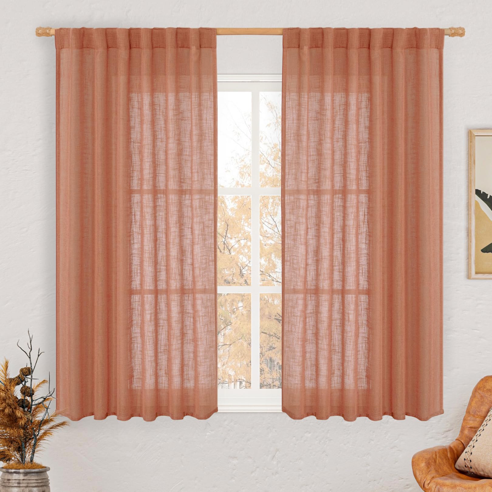 LAMIT Terracotta Linen Semi Sheer Curtains 45 Inch for Bedroom, Light Filtering Neutral Window Curtains Farmhouse Boho Back Tab and Rod Pocket Fall Decor Panels, 2 Panels, 52 x 45 Inch โ image 1
