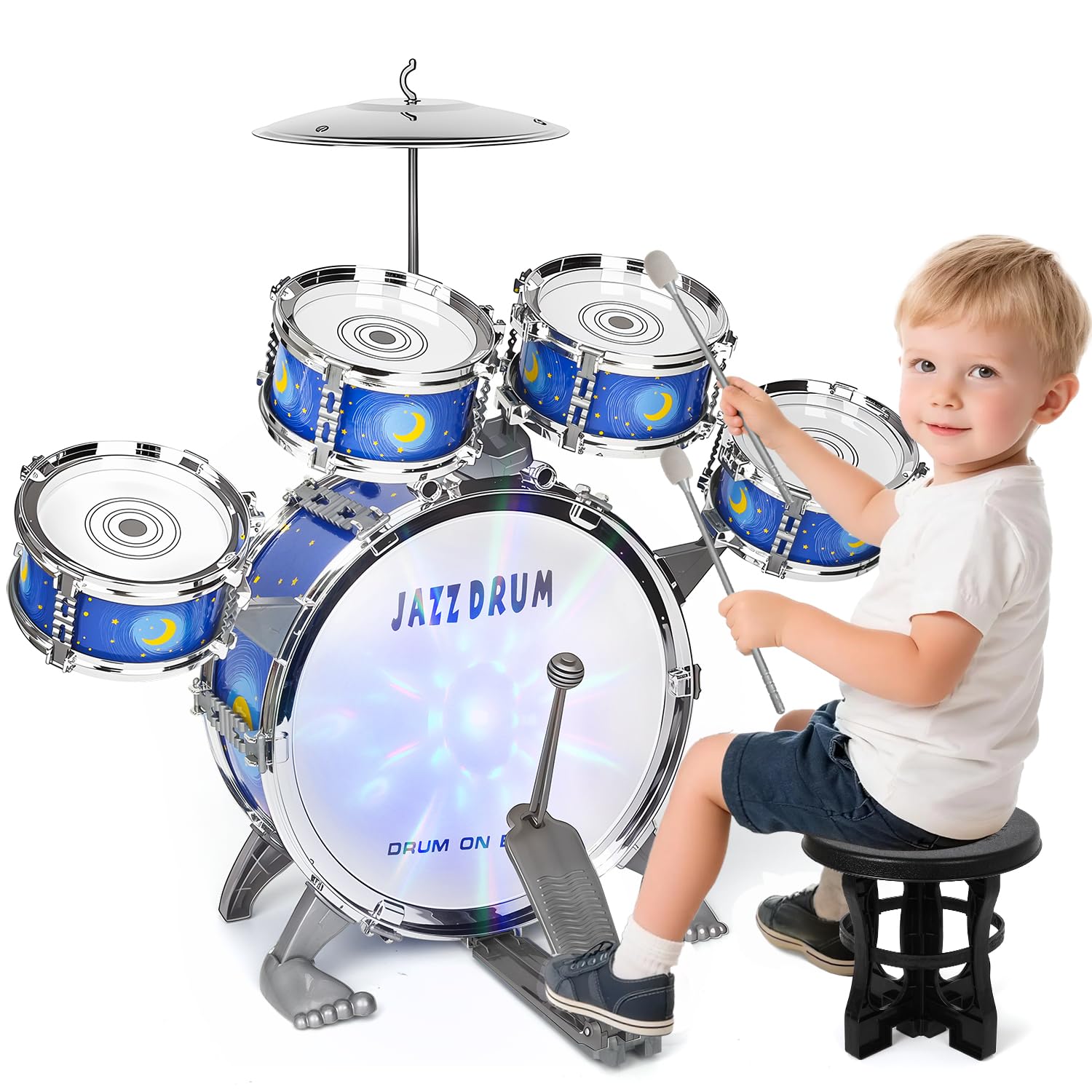 Batería Niños con Taburete - Infantil Musical Juguete Jazz Tambores Kit de 2 3 4 5 Niños Niñas, Cumpleaños Navidad Regalos, Azul