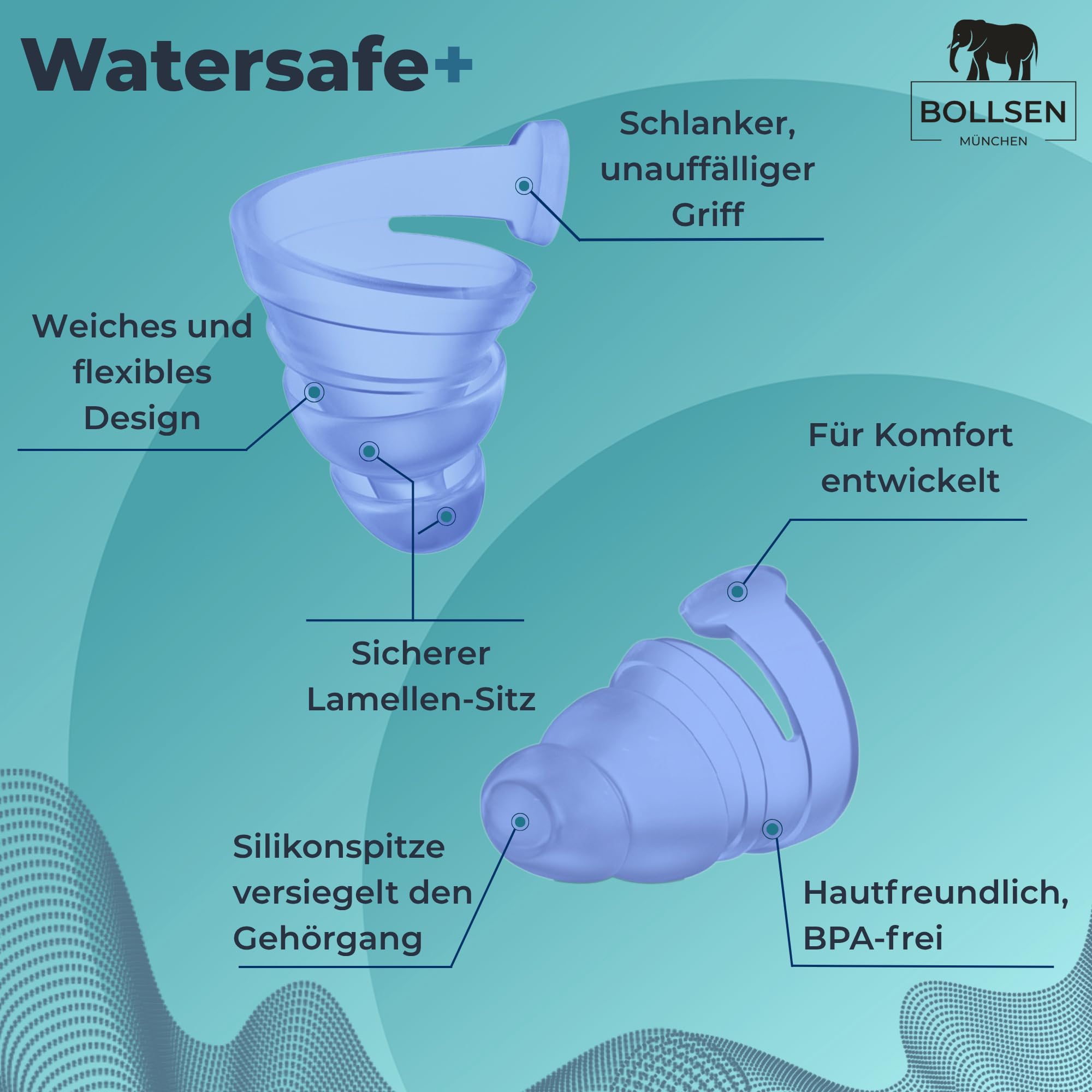 BOLLSEN Watersafe+ Schwimm Ohrstöpsel für Erwachsene – Wiederverwendbare Silikon Ohrstöpsel für Dusche, Bad, Schwimm & Wassersport – Wasserdicht mit 24 dB Lärmminderung (1)