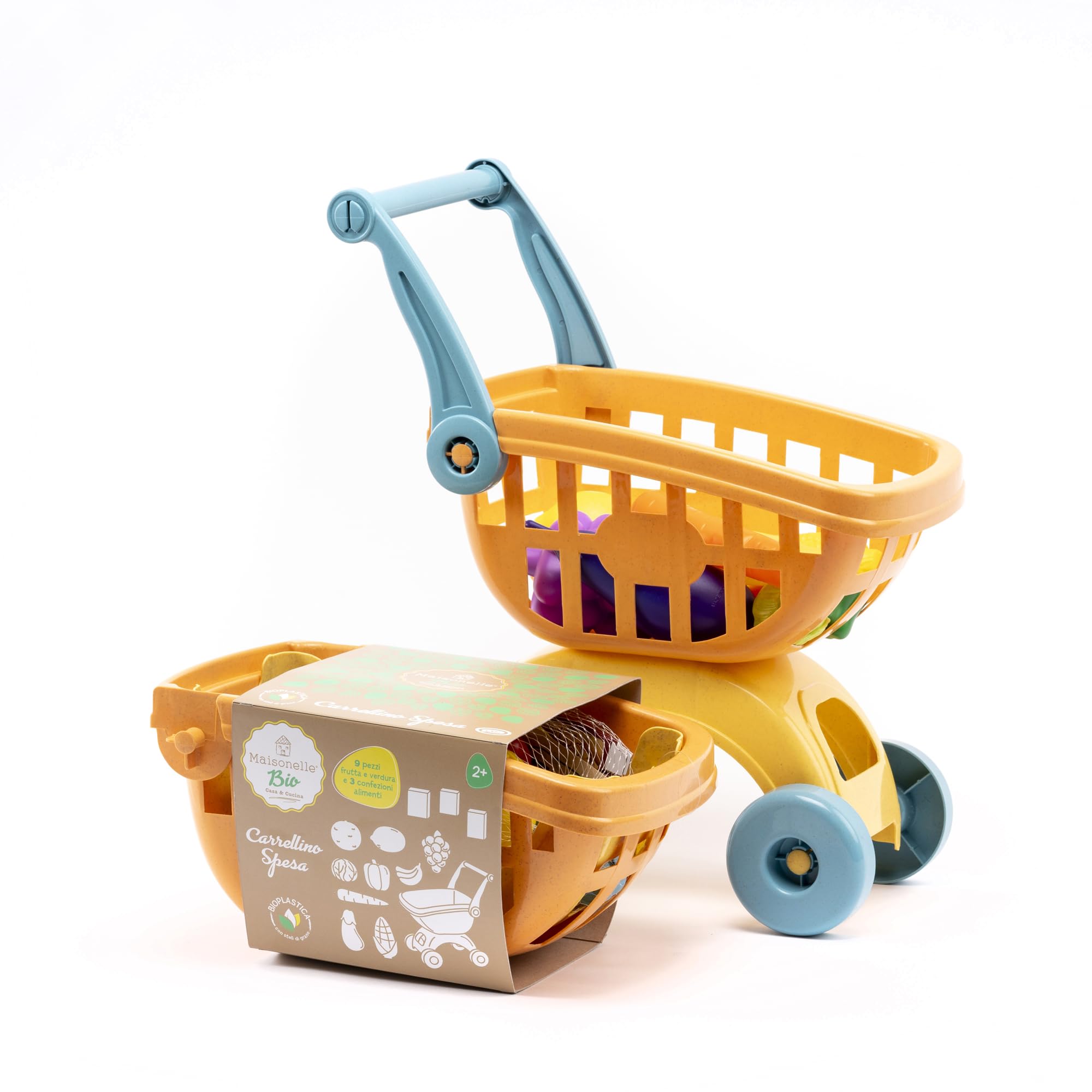 ODS - Maisonelle Bio, Carrellino della Spesa Giocattolo per Bambini, con Frutta, Verdure e Scatoline, Sostenibile in Bioplastica, 31,​5x19x16 cm, Età Consigliata +​2 Anni