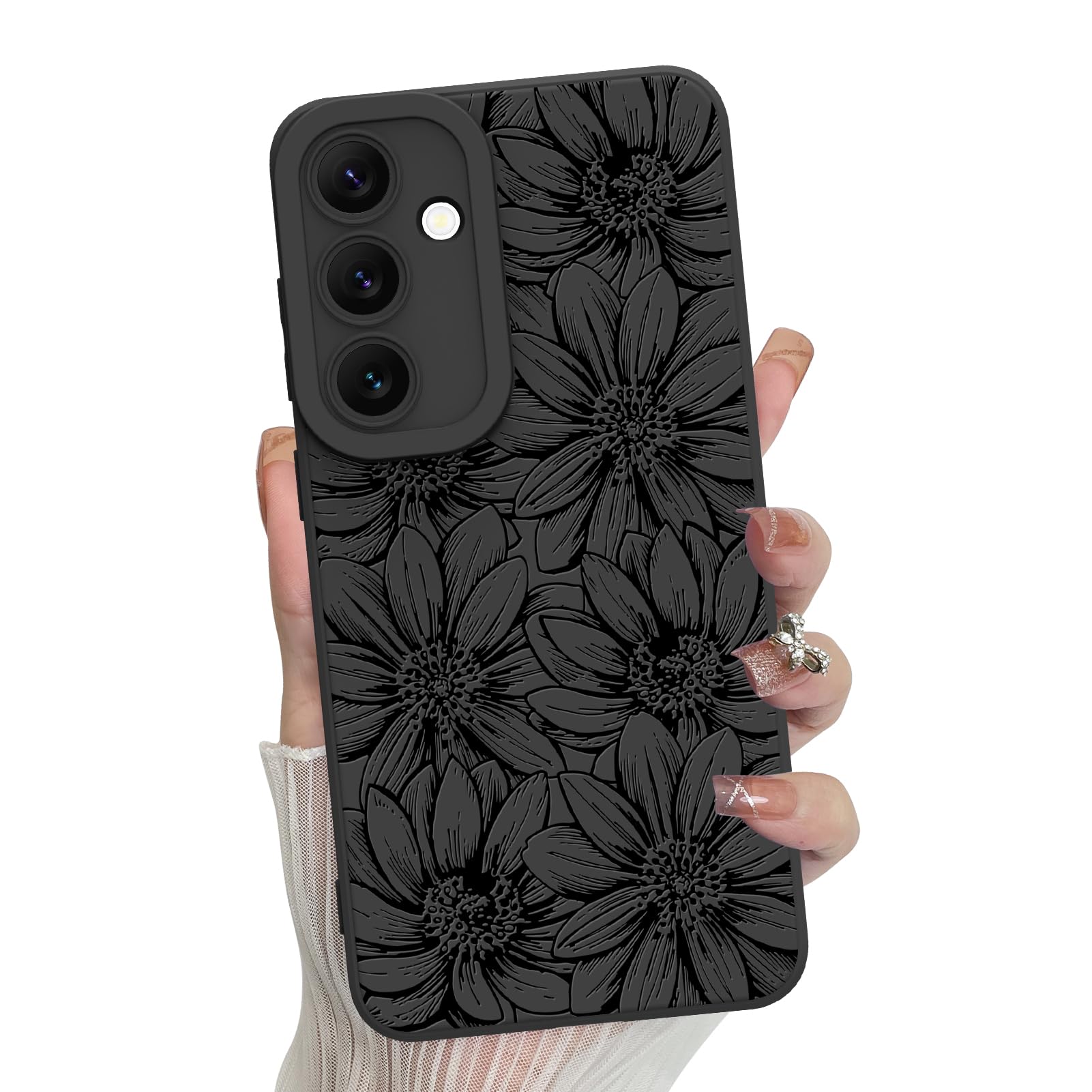MZELQ for Samsung Galaxy S24 Fe Case, Silicone Black Floral Flowers Sunflowers Cute Pattern, Camera Protection Soft Slim Phone Case for Girls Women -