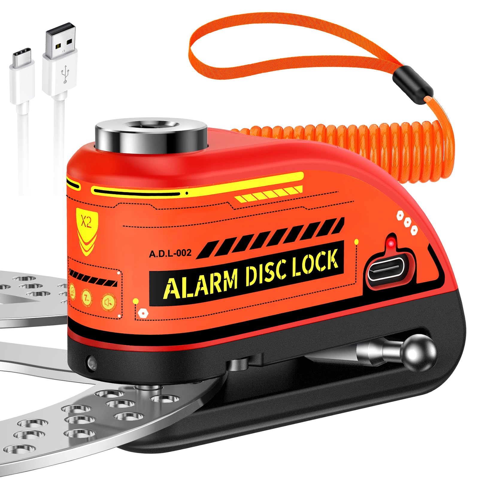 ZEXMTE Lucchetto per disco da moto con allarme, allarme antifurto ricaricabile da 120 dB con cavo promemoria da 1,8 m, lucchetto per motociclette pesanti impermeabile per moto, bici, scooter, e-bike