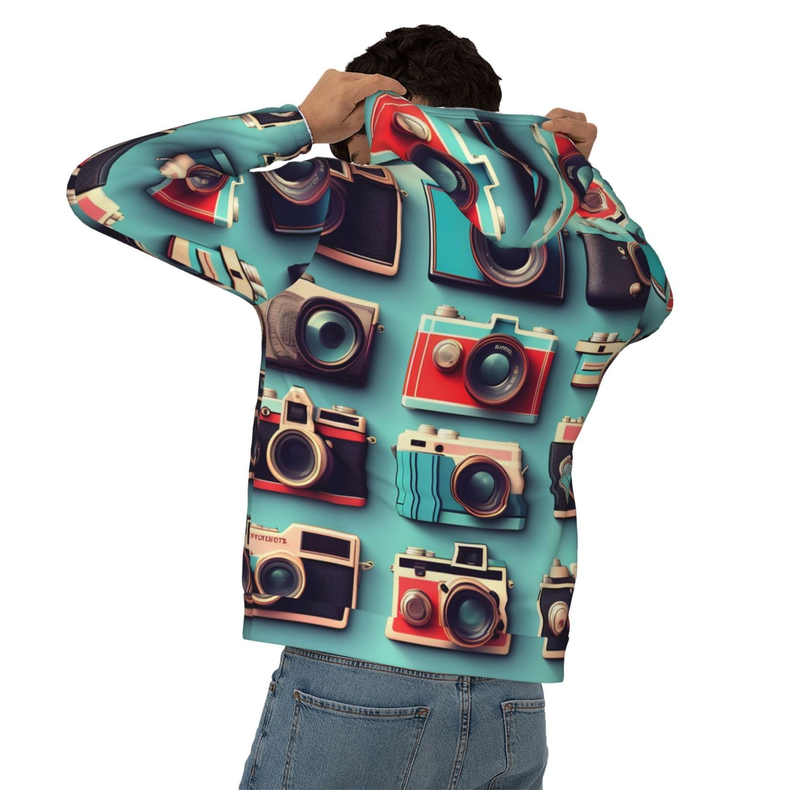 Męska bluza z kapturem w stylu retro fajna kolekcja aparatu, swobodny nadruk graficzny sweter z kapturem koszule z kieszenią