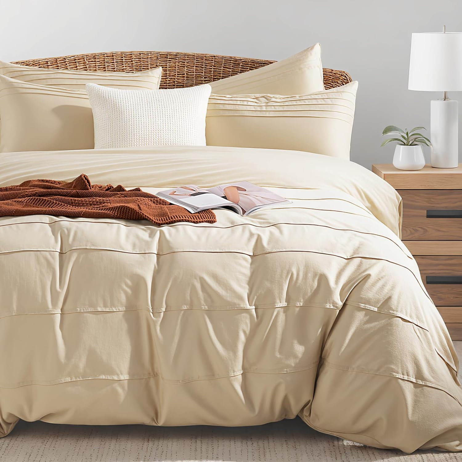 NEXHOME PRO 100% Organic Cotton Duvet Cover King, Linen Like Pleated Textured Duvet Cover Set Yellow Tan, 3pc Bedding Set with Zipper Closure, Soft Lightweight and Breathable(104"x90", No Comforter)