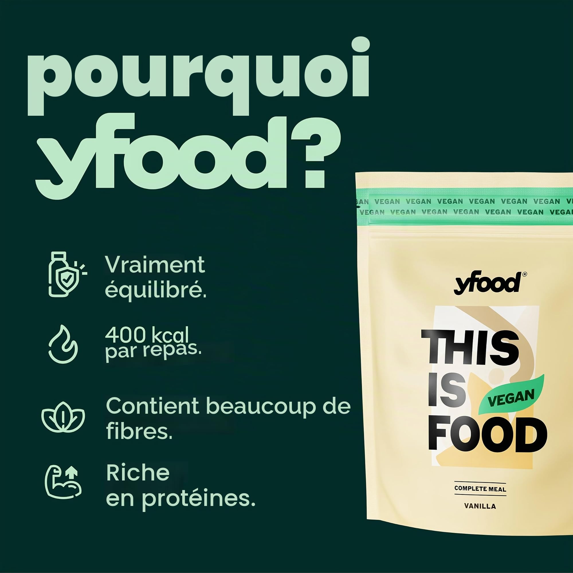 yfood Poudre végétalienne à la vanille, délicieux repas à boire pour les déplacements, THIS IS FOOD en poudre, 26 g de protéines, 12 repas, 26 vitamines et minéraux, goût : vanille (végétalien)
