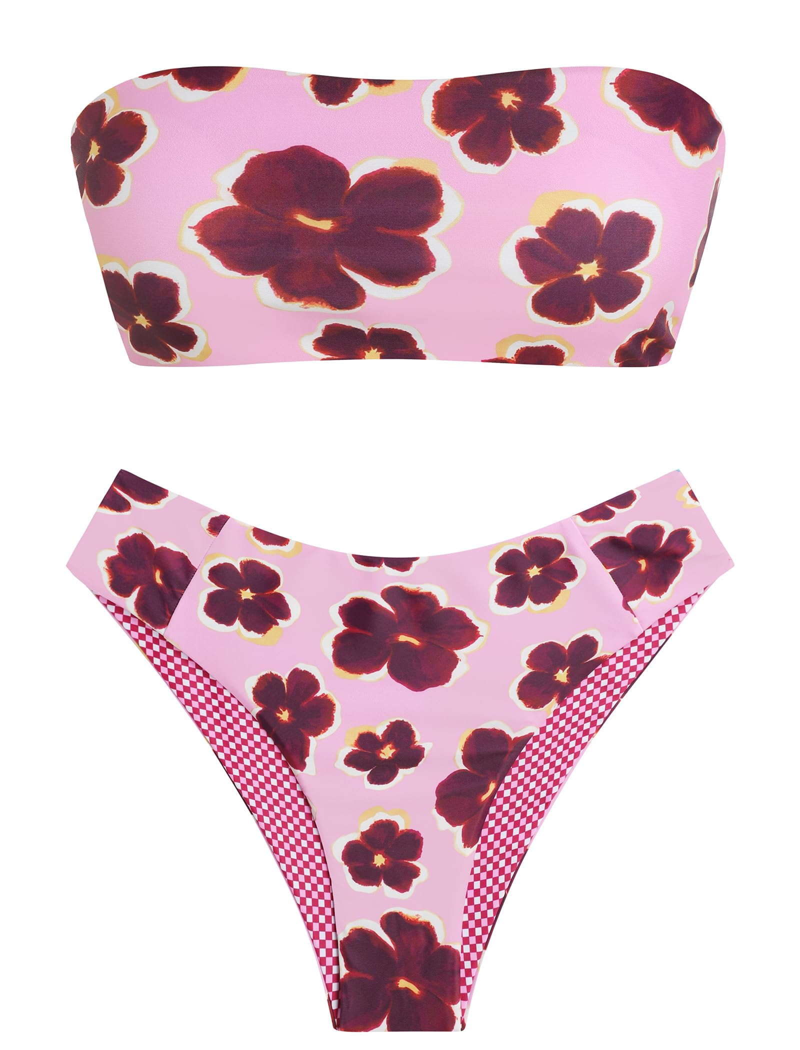 ZAFUL Women's High Cut Bandeau Bikini Set Strapless 2 Pieces Bathing Suit | Solid Color Swimsuit High-waisted Bikini Set