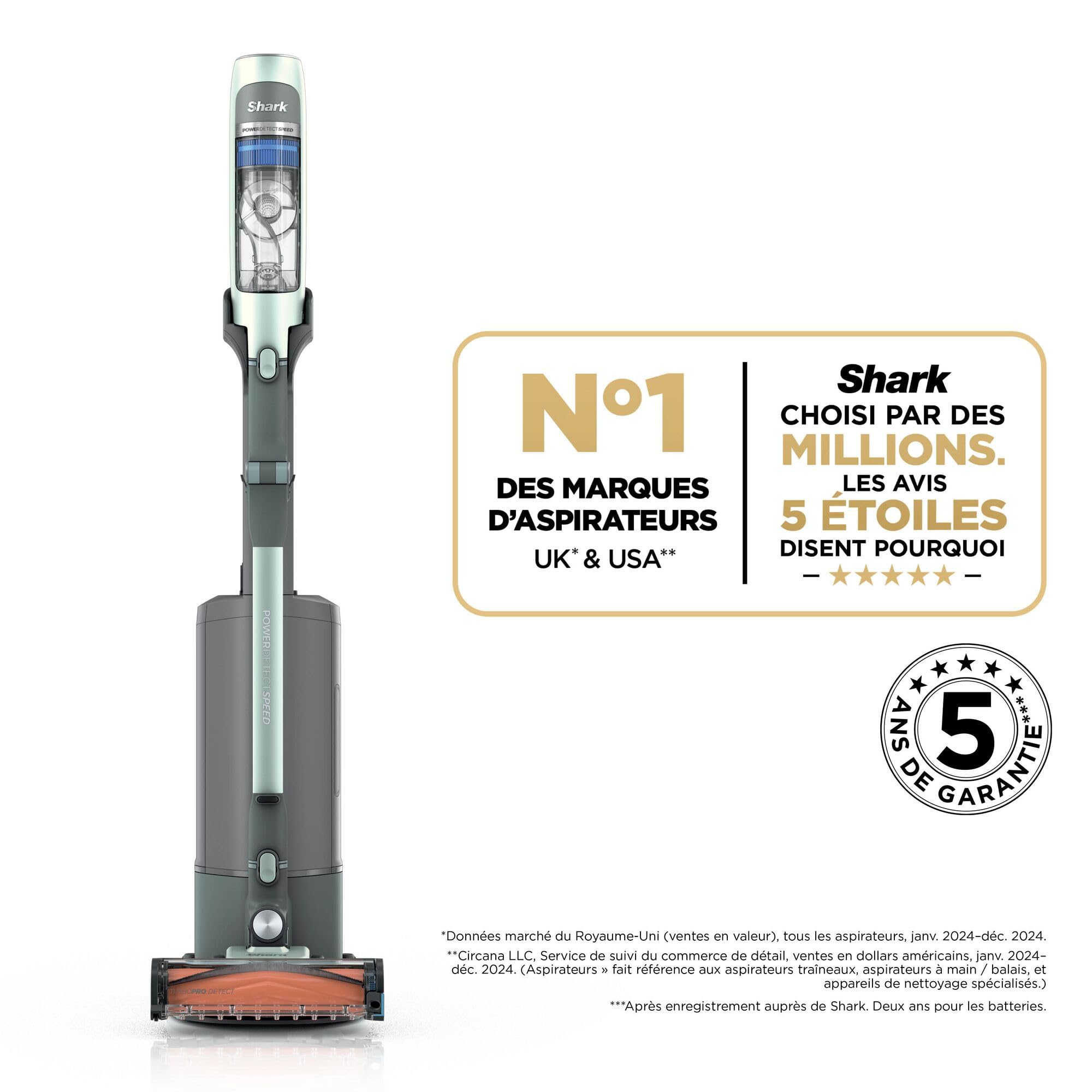Shark PowerDetect Speed Clean & Empty, Aspirateur sans Fil, Aspiration en arrière, 60 Min d'autonomie, Station de Charge à vidage Automatique et Mini-Brosse motorisée pour Animaux IA3243FRT