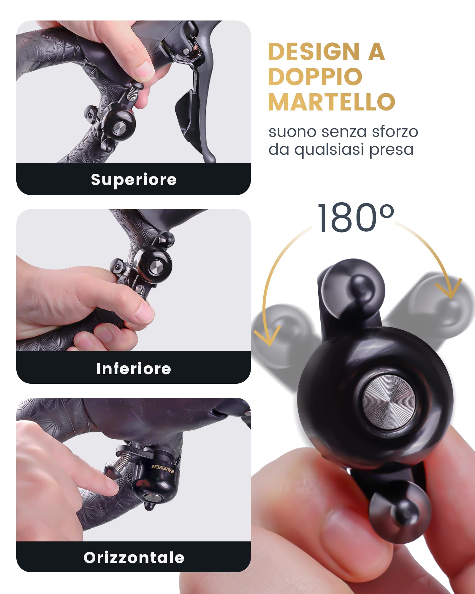 RAVEMEN Q3 Sonnette de Vélo de Route 90-100 DB Double Marteau Compatible Guidons 47 mm Laiton Étanche