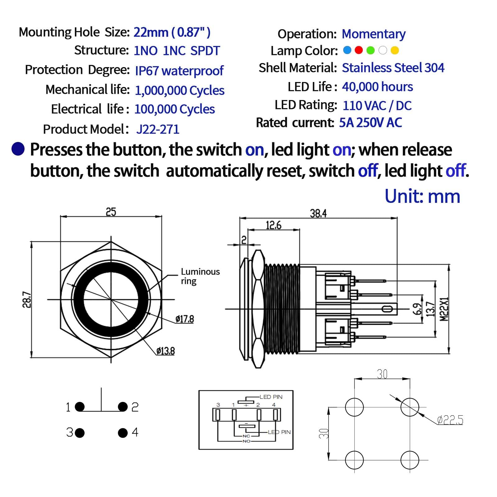 Snapklik.com : ZJWZJH UL Certified 2 PCS Momentary Push Button Switch ...