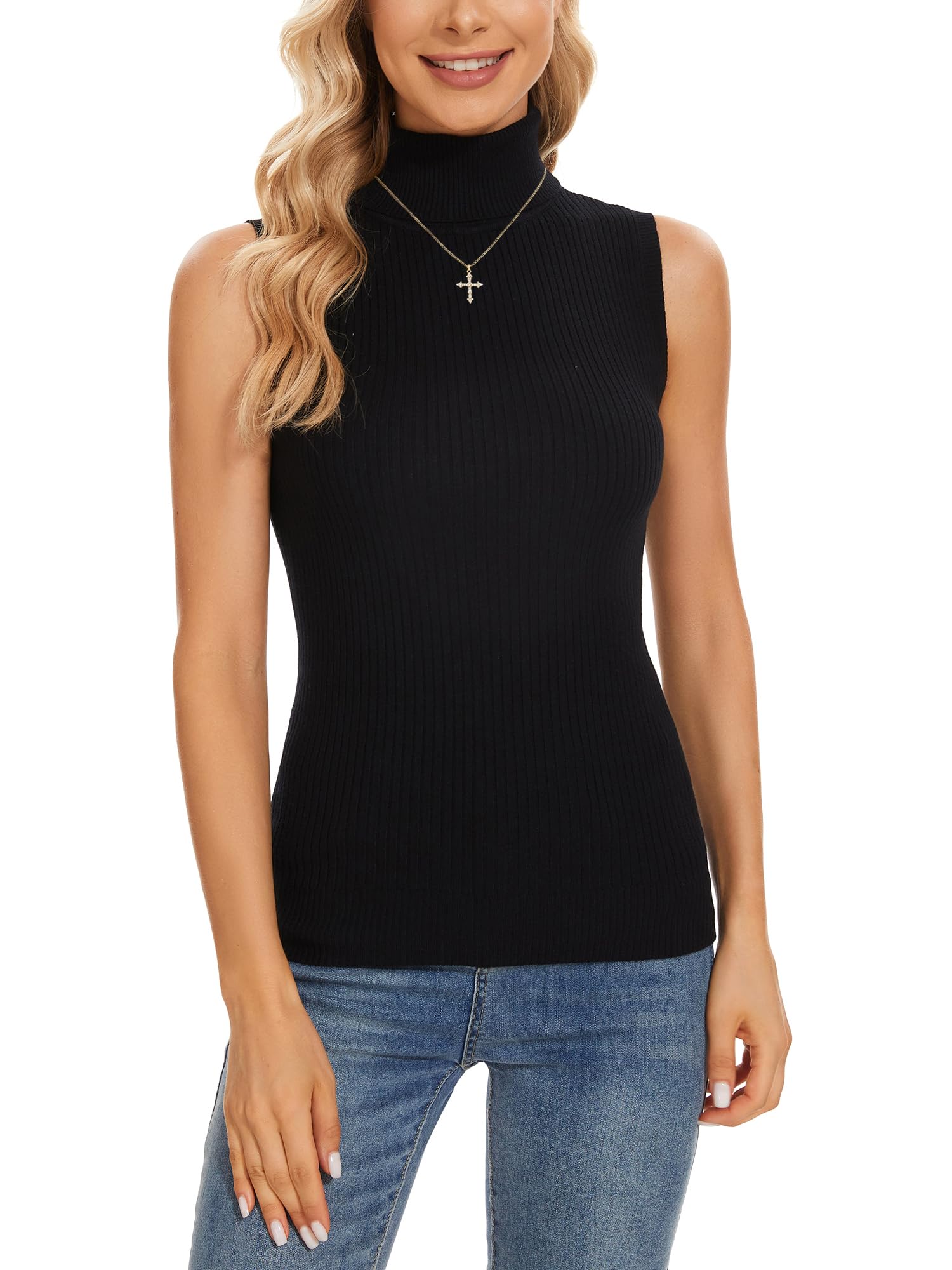Sleeveless Turtlenecks Tops for Women Lightweight Knit Sleeveless Vest Stretchy Turtleneck