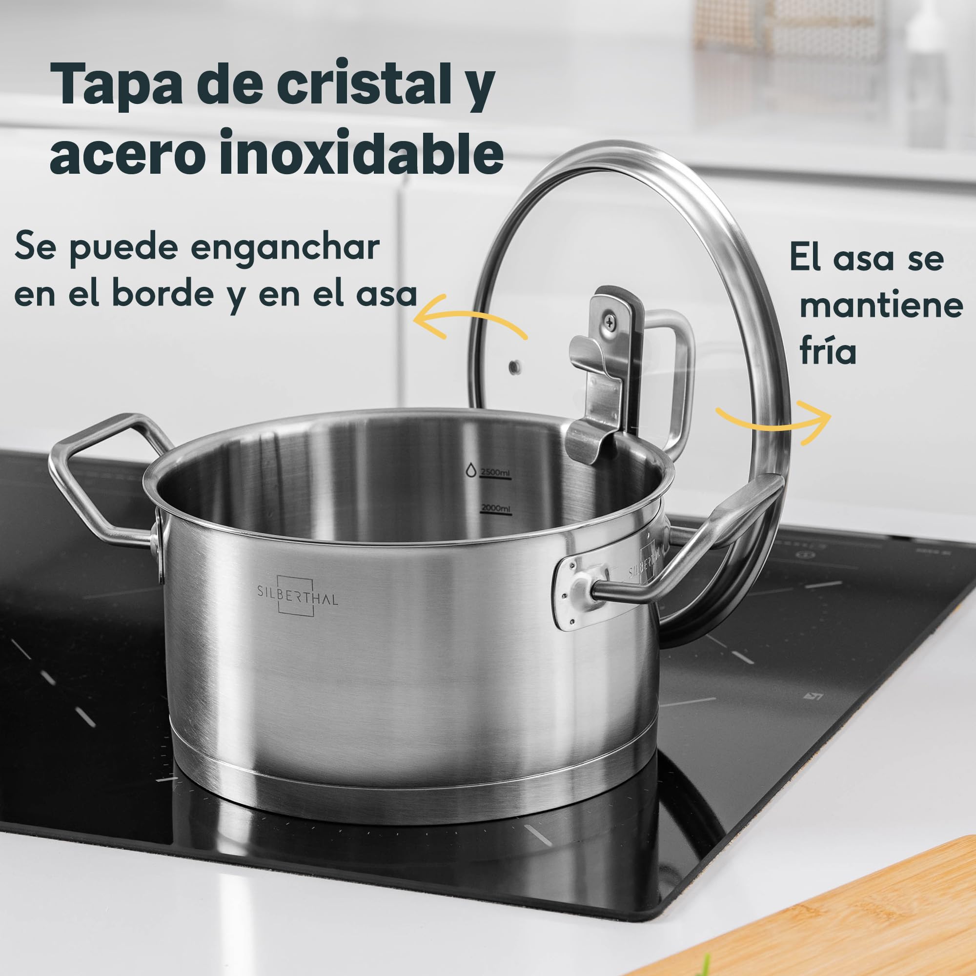 SILBERTHAL Olla 20 cm con tapa de cristal - Cazuela acero inoxidable 18/10 - Inducción y horno - Calienta rápido