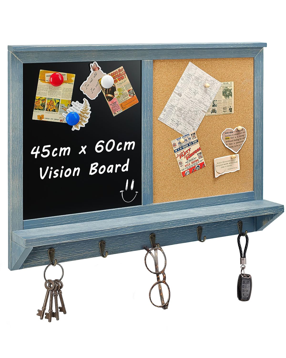Umtiti 45 x 60 cm Wall Mounted Chalkboard and Cork Board Sign with Hooks, Solid Pine Wood Vintage Gray Frame