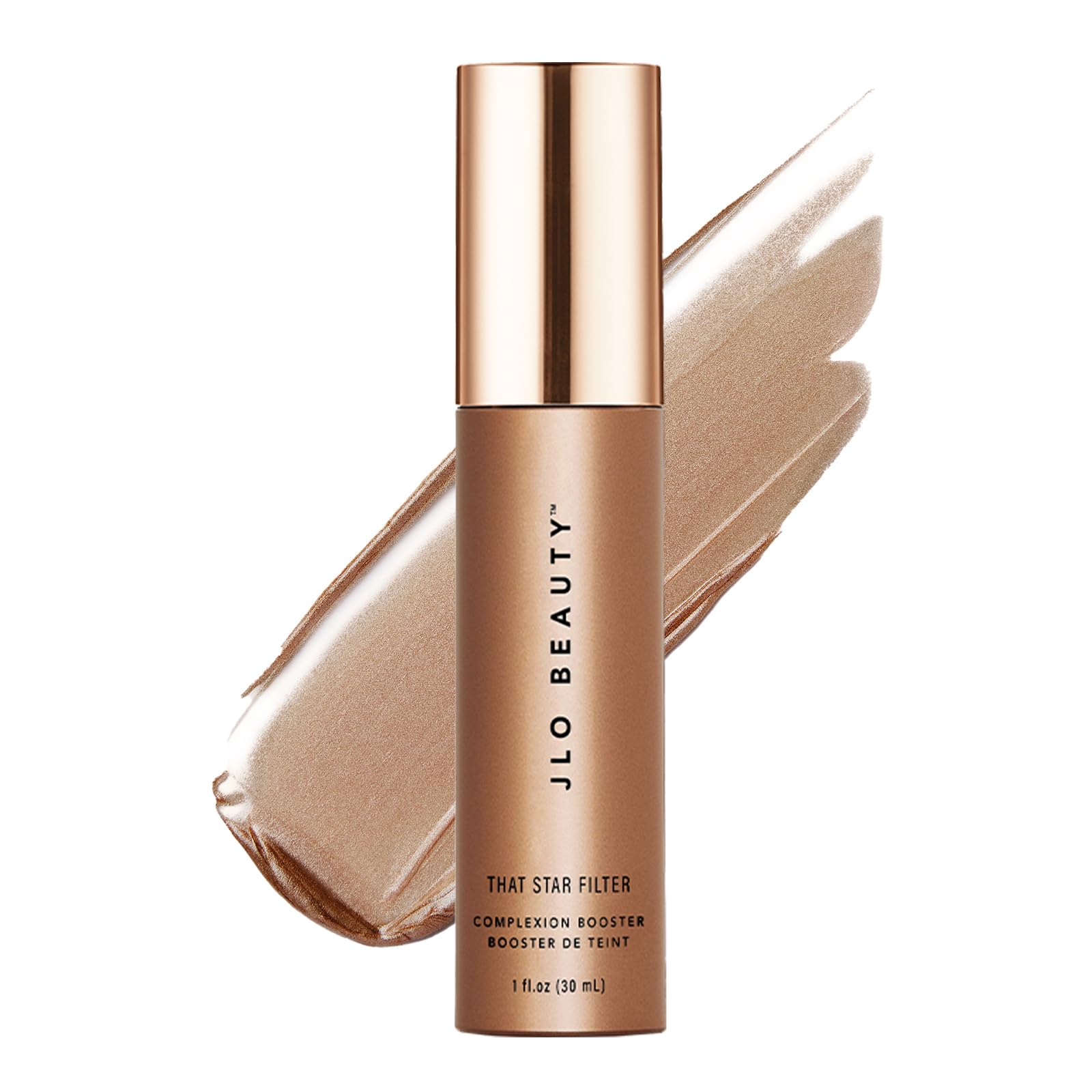 JLO BEAUTY Wzmacniacz cery, rozjaśniacz i bronzer do twarzy i ciała, różowe złoto, lekki podkład do pielęgnacji skóry z witaminą E, przezroczysty połyskujący odcień skóry dla zroszonego blasku, filtr