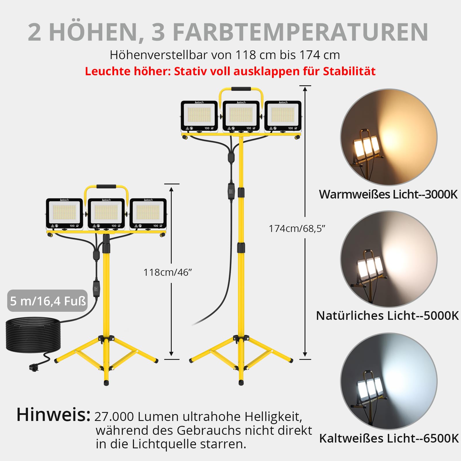 Justech LED Baustrahler mit Stativ Arbeitsscheinwerfer IP66 Werkstattlampe | 27000LM 3X100W (3000K/5000K/6500K) für Werkstatt, Garage, Baustelle, Camping, Autoreparatur 3-Farbtemperaturen