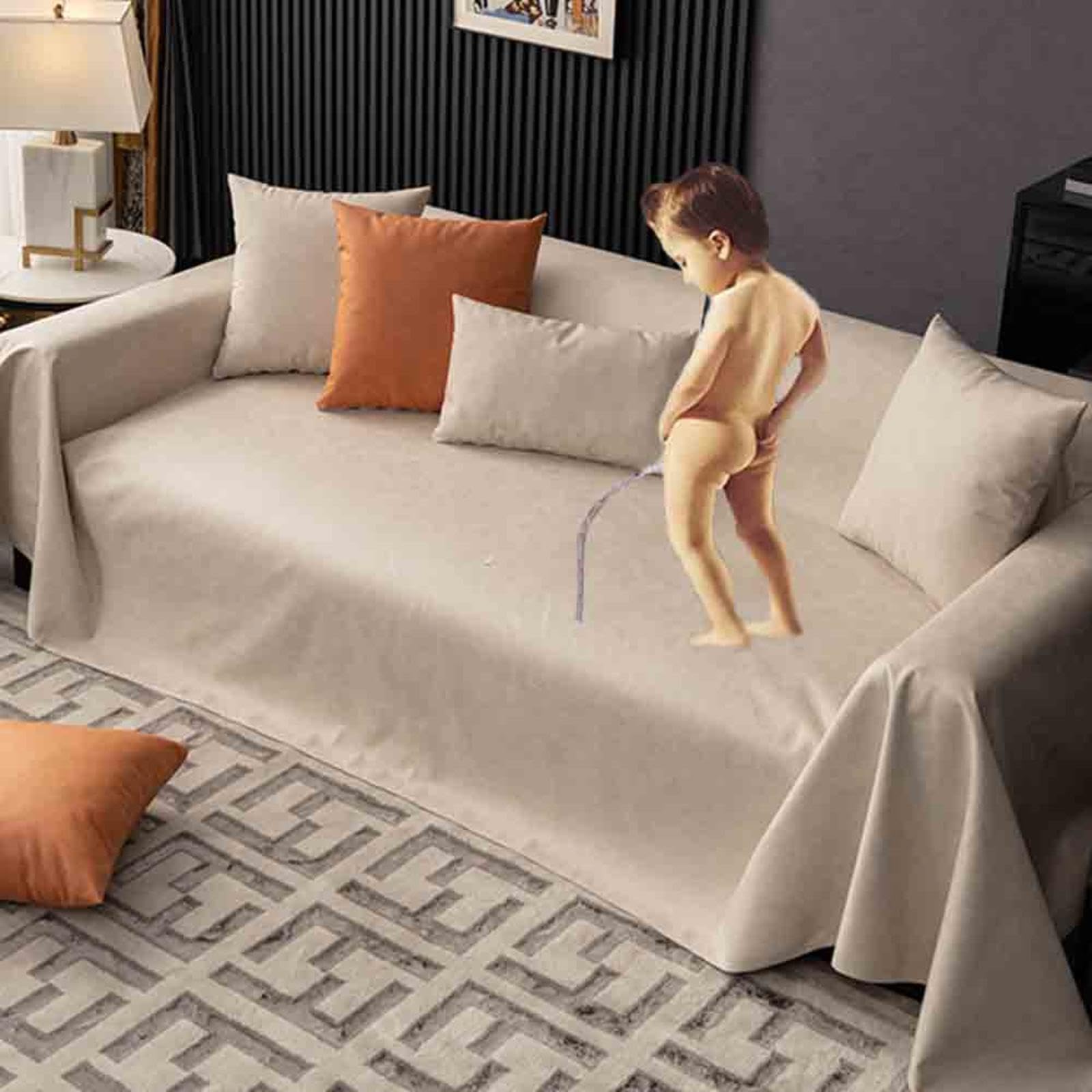 GOFOHIMI Sofa Throws Large 3 Seater Waterproof, Non-slip Sofa Throws Extra Large, Sofa Blanket Cover for Kids, Pets, Dogs, Cats Four Seasons Universal,Beige-210x260cm