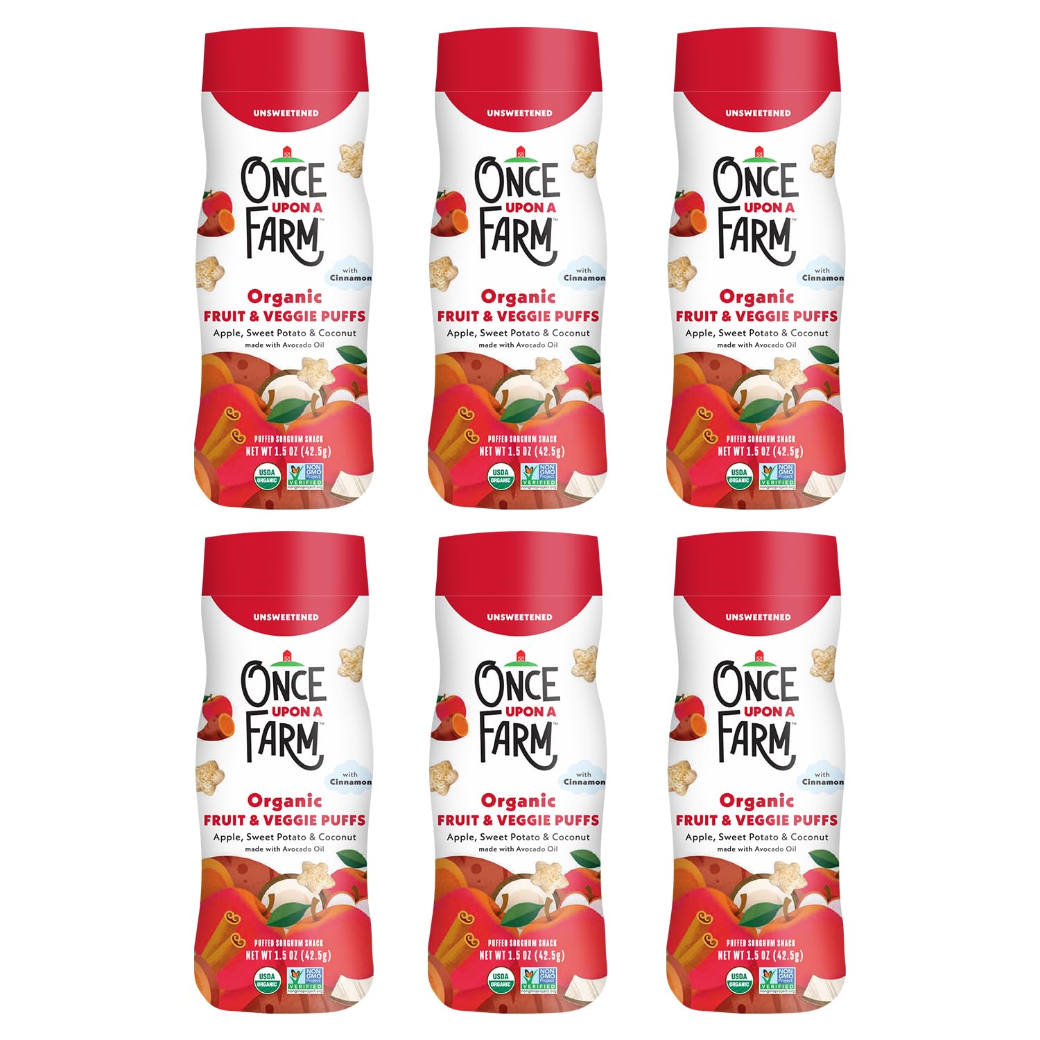 Once Upon A Farm Apple, Sweet Potato & Coconut Puffed Sorghum Snack, Fruit & Veggie Puffs, Non GMO, 1.5 Ounces (Pack Of 6)
