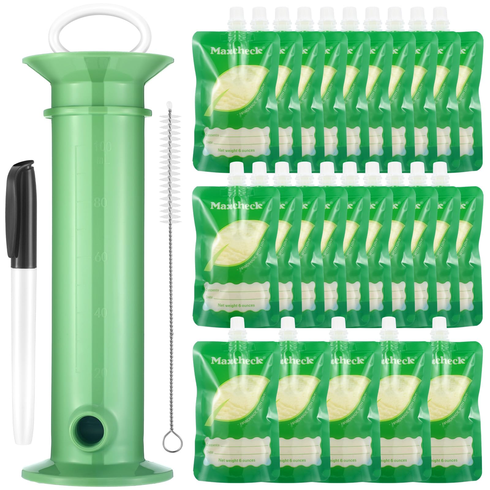 Maxcheck 28 Pcs Refillable Baby Food Pouches Maker Set Include 25 Pcs Portable Fruit Puree Storage Bags, Baby Food Maker, Pen and Brush for Babies