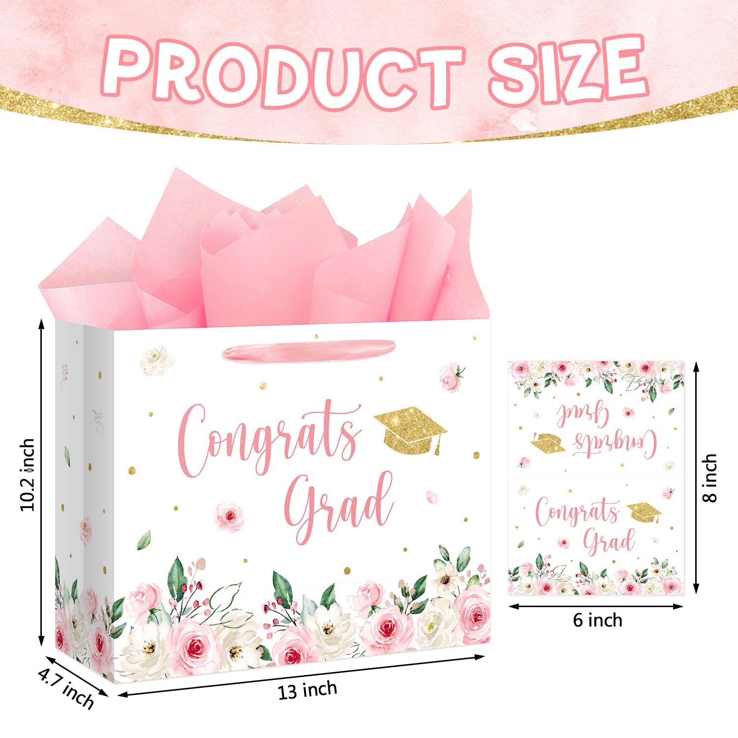 Aysimple 13" Large Graduation Gift Bag with Tissue Paper and Greeting Card Congrats Grad Present Bag for Her Pink Flower Gift Party Favor Bags for Girls Female Women Graduation Party Supplies 1Pcs