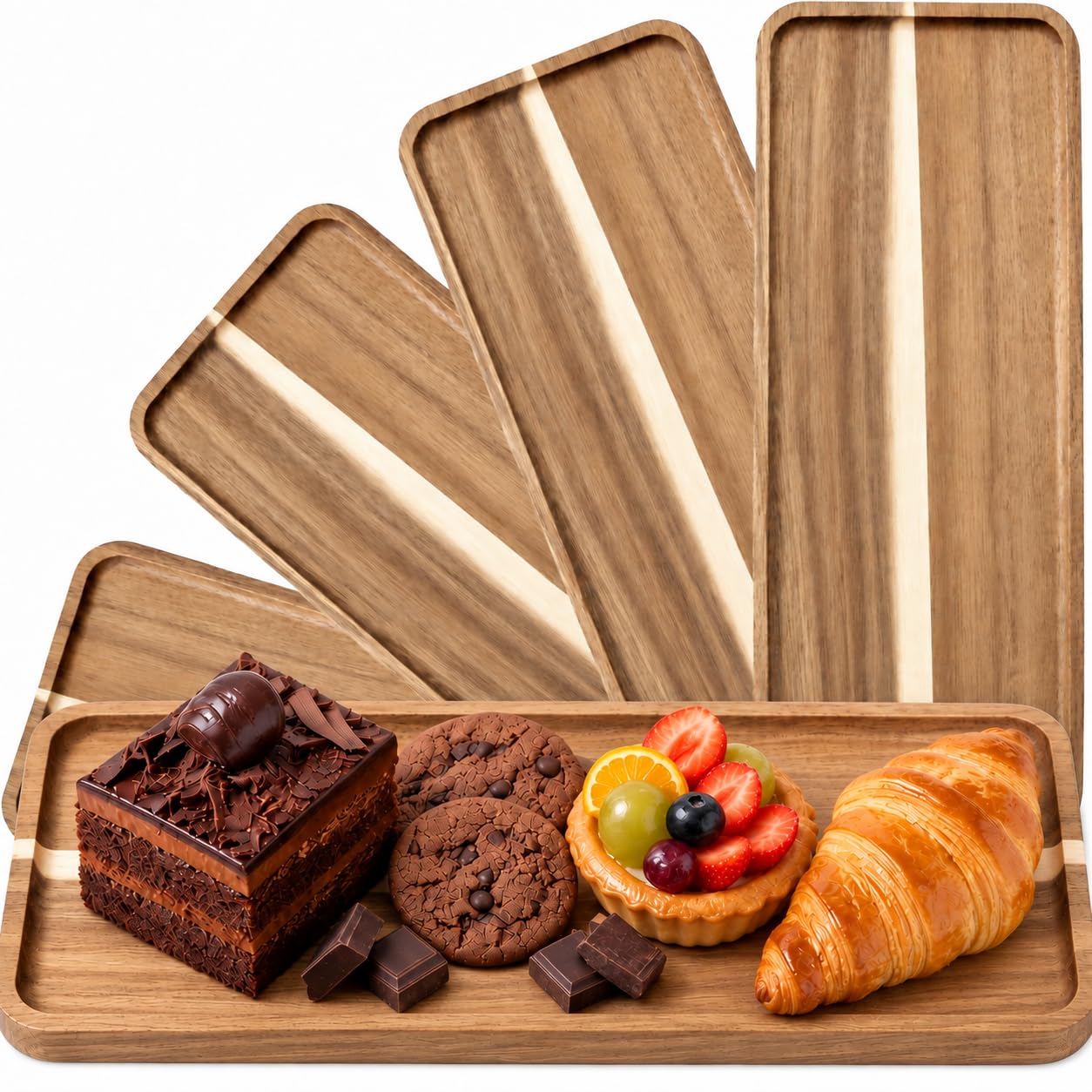5 Pack Acacia Wood Serving Trays, 40.6 x 16.5 cm Rectangular Wooden Platter