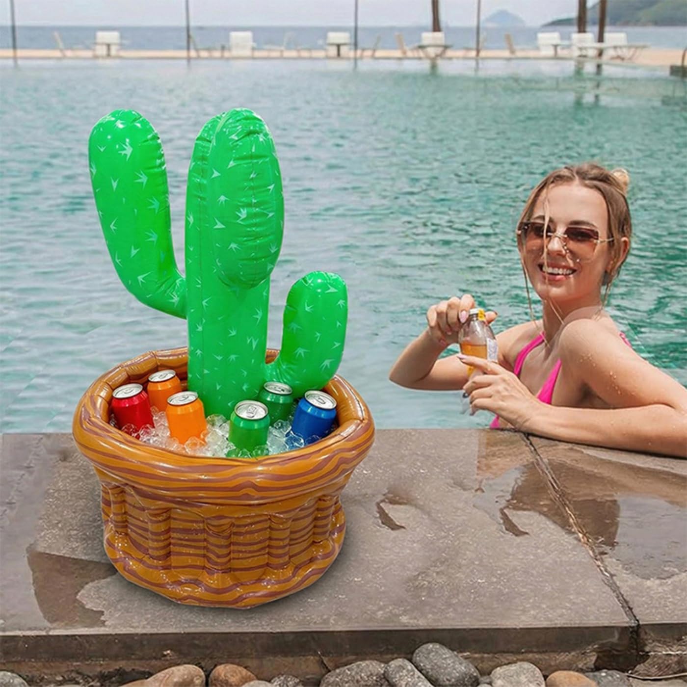 Lot de 2 refroidisseurs de piscine gonflables, accessoires de piscine, refroidisseurs de boissons flottants, cactus palmier, porte-bière, été, plage, fête hawaïenne