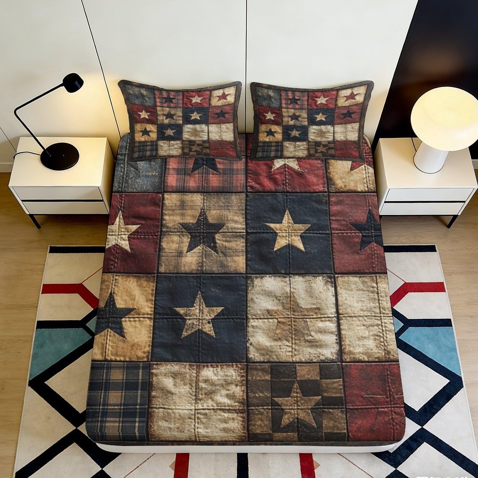 3D Printed Vintage Star Patchwork Fitted Sheet Microfiber Soft Breathable Rustic Quilt Bed Cover for Bedroom Guest Room Decor 90x200x25cm
