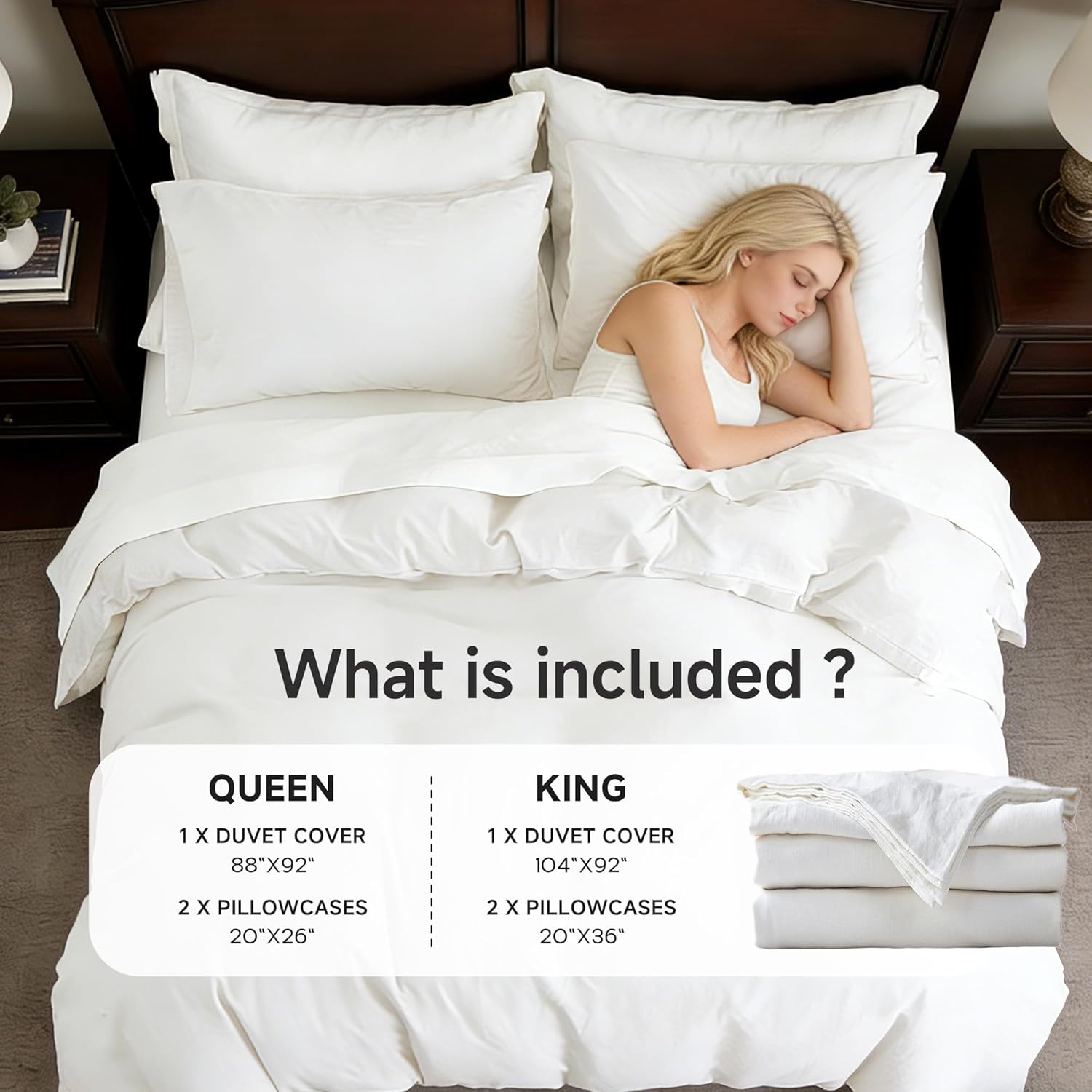 Flax Linen Duvet Cover Queen Size, 3PCS Natural French Linen Cotton Duvet Cover Set-1 Duvet Cover & 2 Pillowcases, Soft Breathable Comfy Linen Blend Bedding Set(White, 88" x 92")