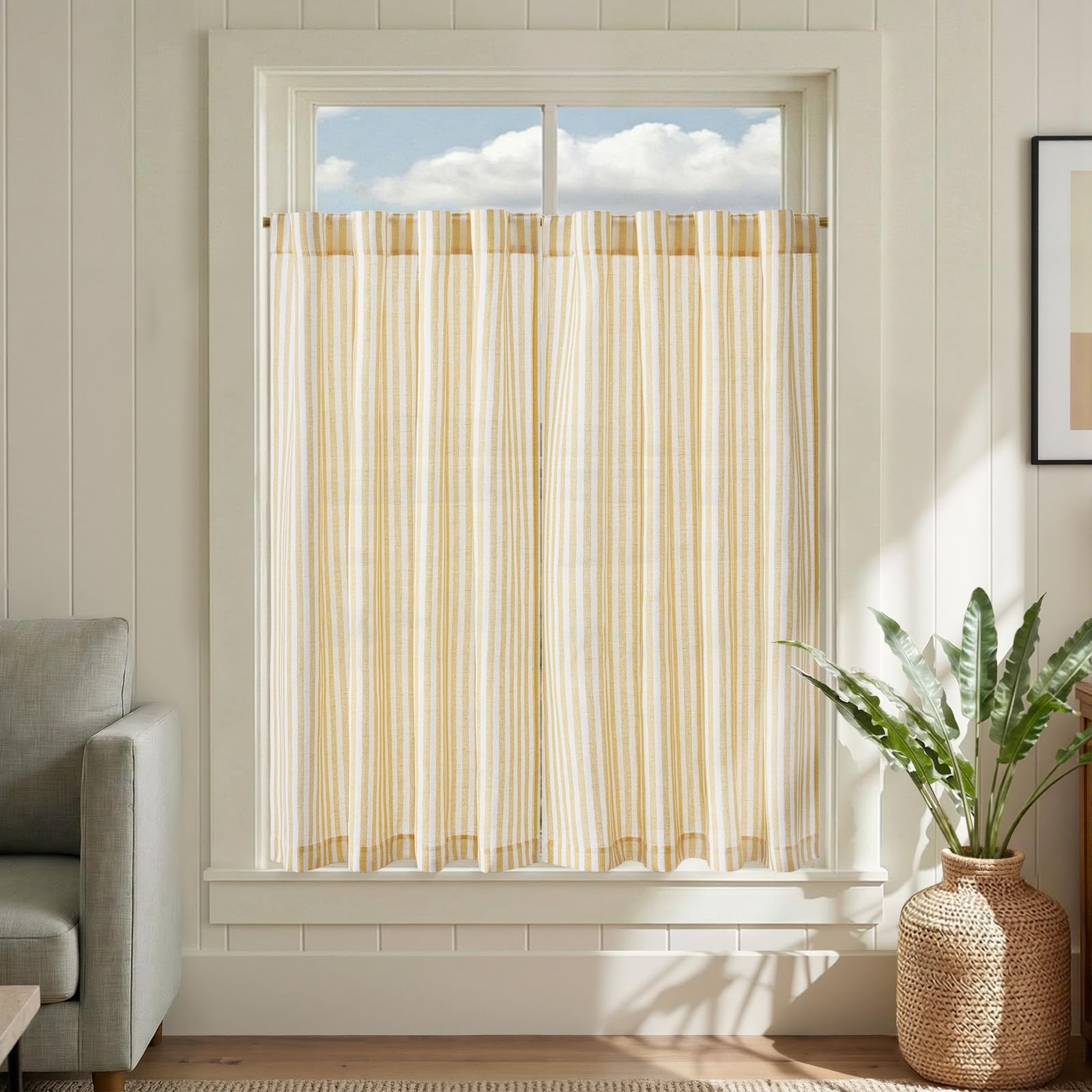 Photo 1 of jinchan Stripe Linen Kitchen Tier Curtains, 45 Inch, Yellow, 2 Panels