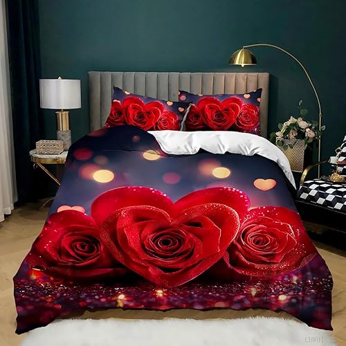 Miniatura 93 de AILONEN Juego de funda de edredón de rosa roja, tamaño King, juego de ropa de cama de delfín estrellado azul, funda de edredón romántica de San