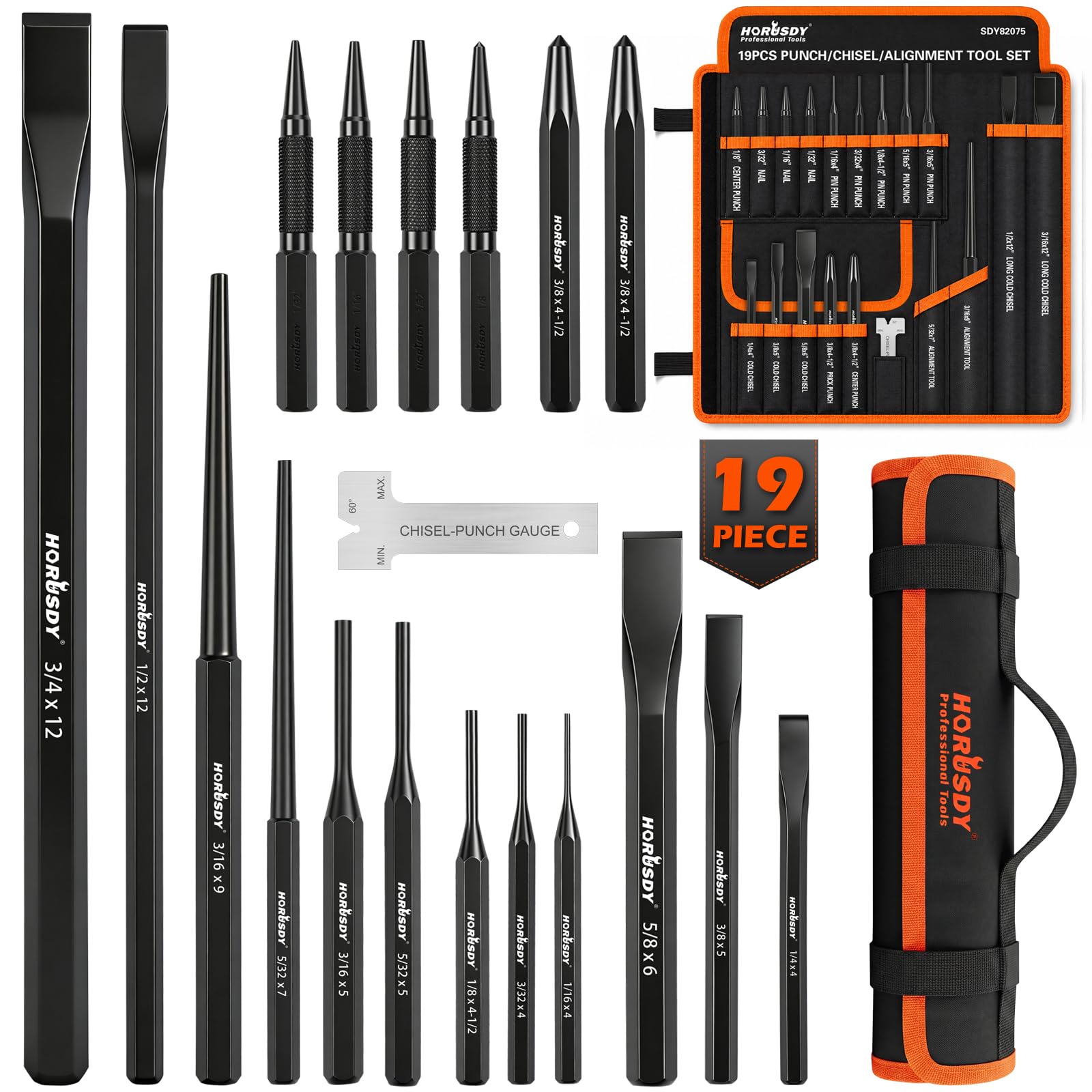 19-Piece Punch and Chisel Set, Pin Punches, Center Punch, Alignment Tools