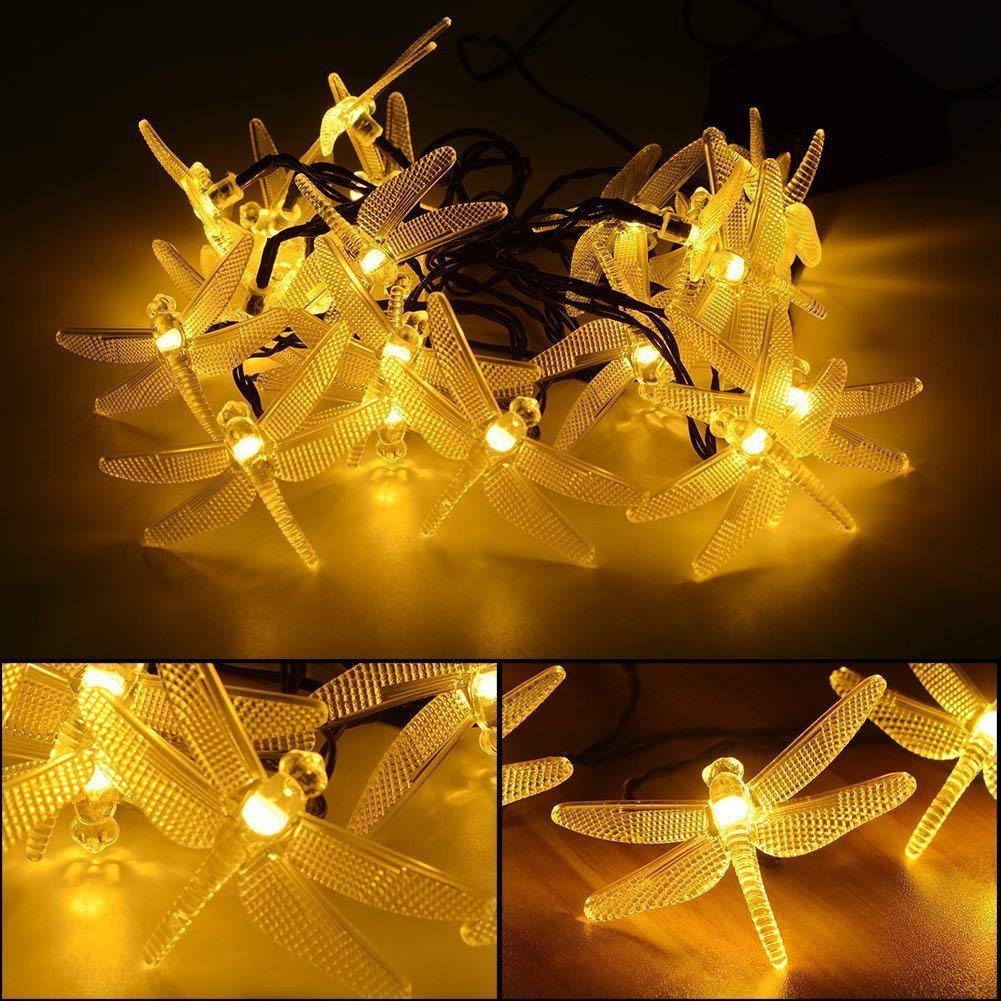 Guirnalda de luces de hadas con forma de libélulas, 10 m, 100 LED, con enchufe, ideal para interiores y exteriores, dormitorios, jardines, escritorios (Blanco cálido)