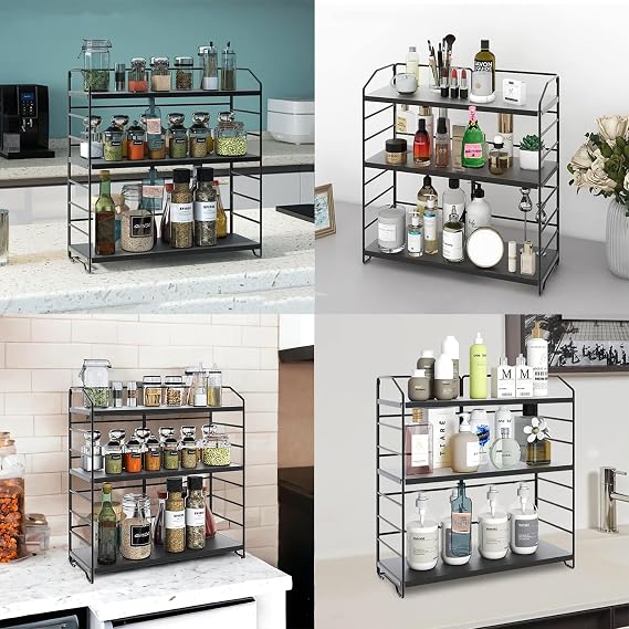 Ayarlanabilir Raflı 40cm Baharatlık, Organizer, Düzenleyizi Tezgahüstü Banyo, Mutfak, Ofis Model-1 (Siyah)