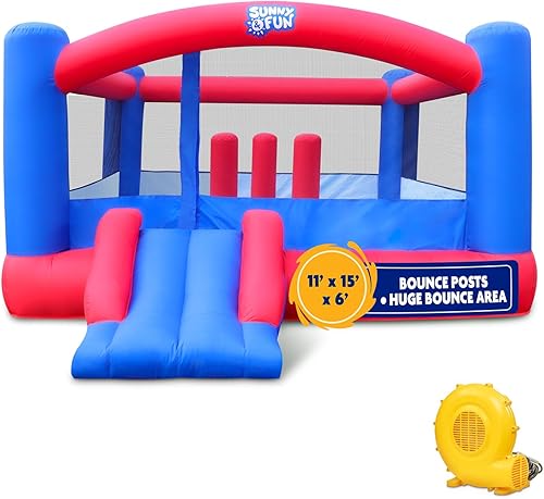 Sunny & Fun Casa inflable de rebote con postes deslizantes y hinchables – Resistente 12 x 10.5 pies inflable casa hinchable para niños – Incluye