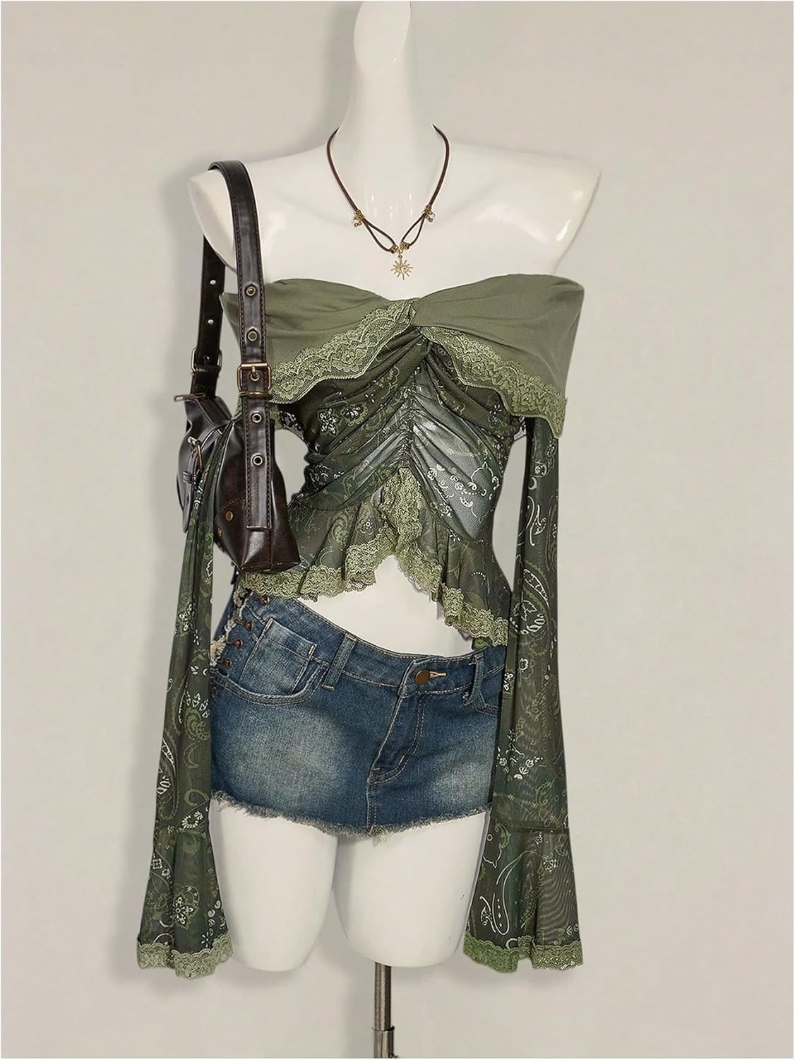 GORGLITTER Women's Lace Bell Sleeve Tops Off The Shoulder Paisley Crop Gothic Country Concert Top - Image 3