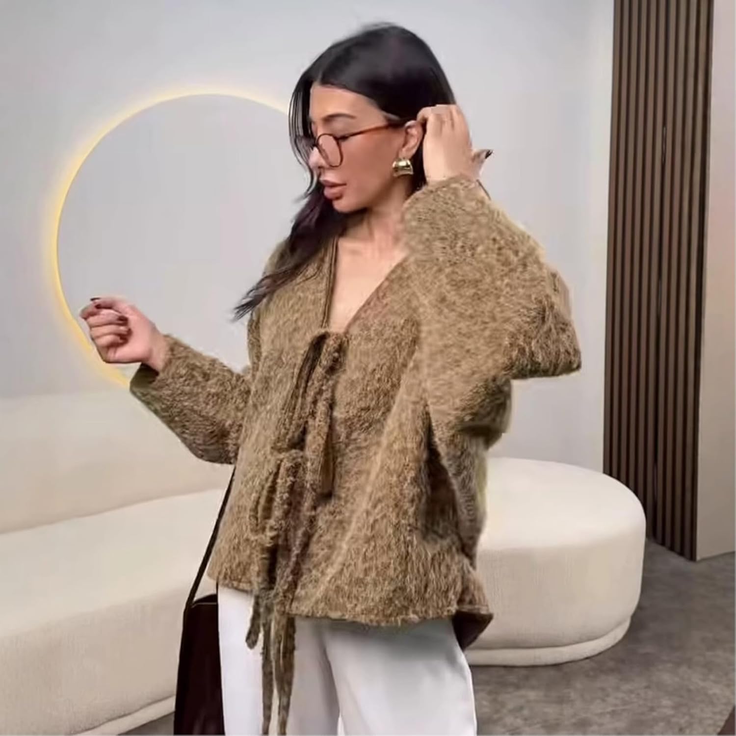 Perbai Women's Tie Front Bow Cardigan Jacket Fuzzy Wool Blend Long Sleeve Batwing Oversized Winter Trench Coats - Image 2