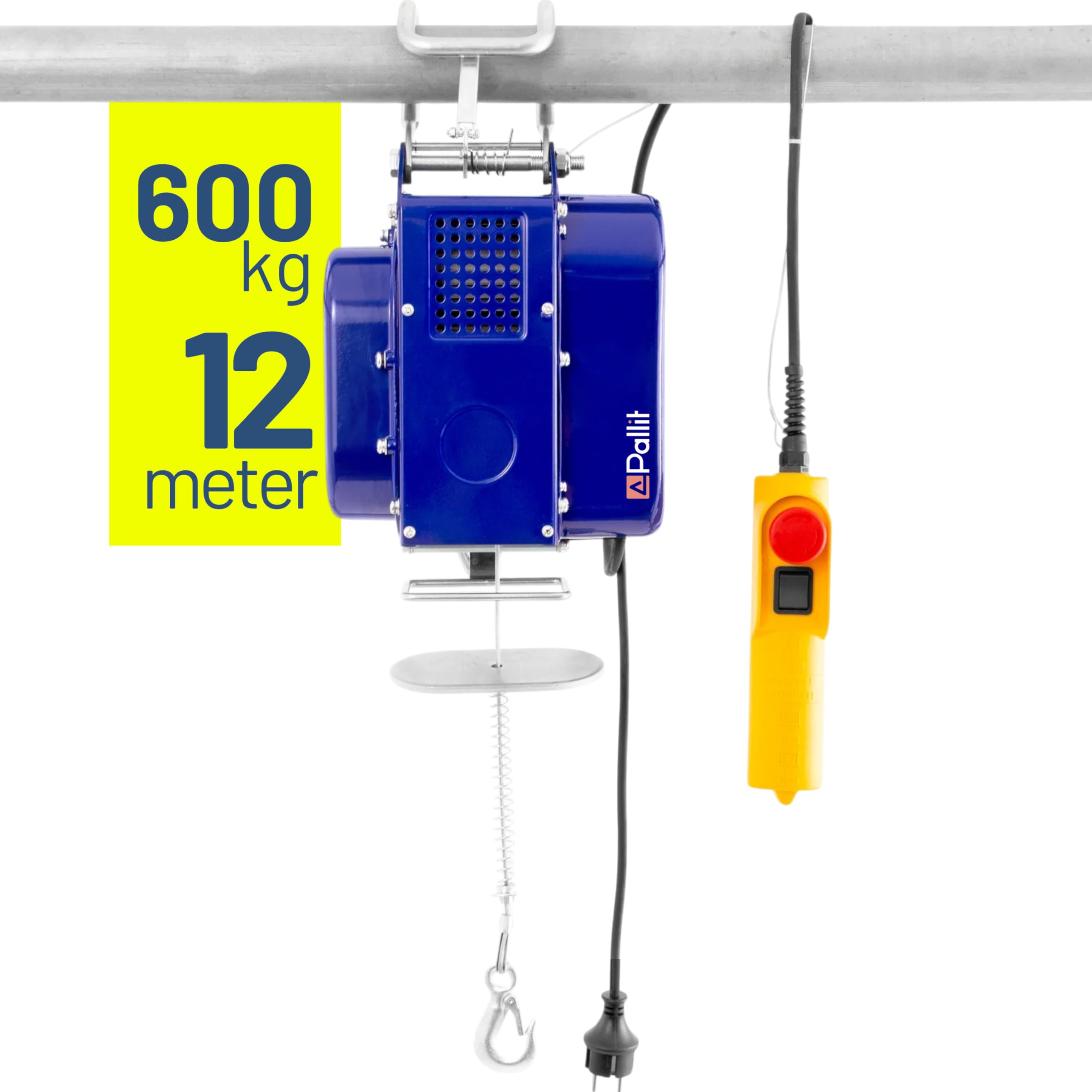 Pallit Seilwinde Elektrisch 230v 300/600 kg Tragkraft 12m Hubhöhe Stahlseil inkl. Kabelfernbedienung 1,5 m Kabellänge MOBILE Seilzug elektrisch Seilhebezug Hebezug