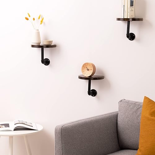 Miniatura 3 de Navaris Juego de estantes industriales de tubería  3 pequeños estantes de madera redondeados con soportes de estante  Estantería de madera montada