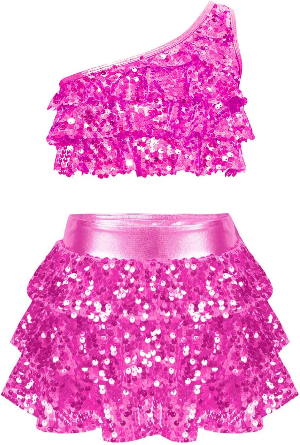 Girls Shiny Metallic Latin Jazz Ballet Dance Dress Kids Crop Top with Tassel Skirt Outfits Performance Costume