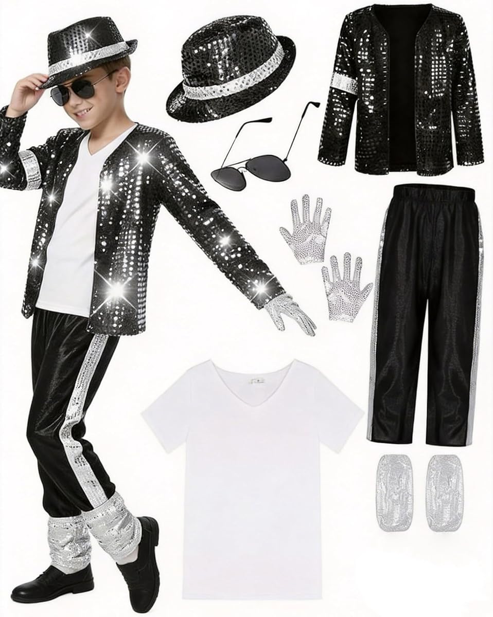 Beita Pop Star Halloween Costume Set, Black Sequin Jacket, Trousers, Hat, Gloves, 80s Retro Stage Outfit, 7 Piece
