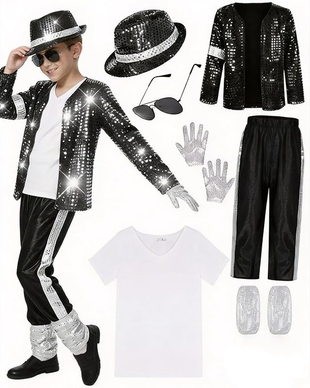 Beita Pop Star Halloween Costume Set, Black Sequin Jacket, Trousers, Hat, Gloves, 80s Retro Stage Outfit, 7 Piece