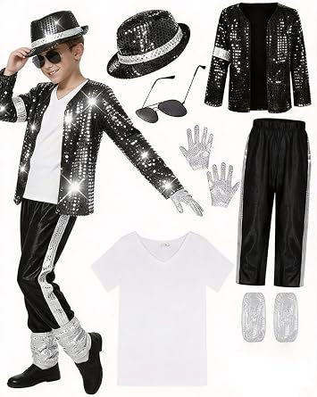 Beita Pop Star Halloween Costume Set, Black Sequin Jacket, Trousers, Hat, Gloves, 80s Retro Stage Outfit, 7 Piece