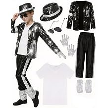 Beita Pop Star Halloween Costume Set, Black Sequin Jacket, Trousers, Hat, Gloves, 80s Retro Stage Outfit, 7 Piece