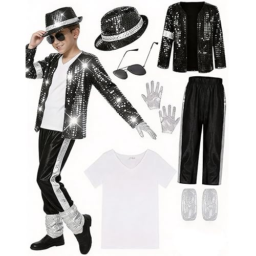 Beita Pop Star Halloween Costume Set, Black Sequin Jacket, Trousers, Hat, Gloves, 80s Retro Stage Outfit, 7 Piece