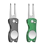 Mile High Life 2 Pieces Golf Divot Repair Tool w Magnetic Golf Ball Marker | All Metal Foldable Divot Tool w Pop-up Button | Golf Club Holder | Golf Accessories for Men (Green,Grey)